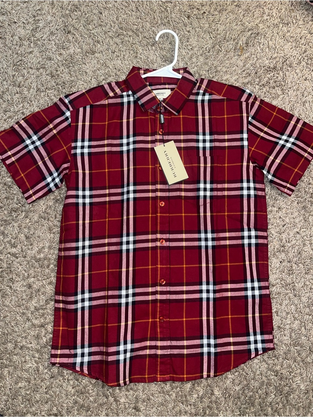 Burberry Red Plaid Short-Sleeve Button-Down Shirt